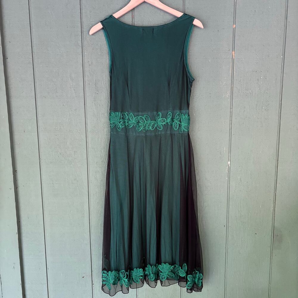 Y2K Emerald Green Embroidery Fairycore Midi Dress Whimsygoth Dark Romantic Sz S - Picture 4 of 6
